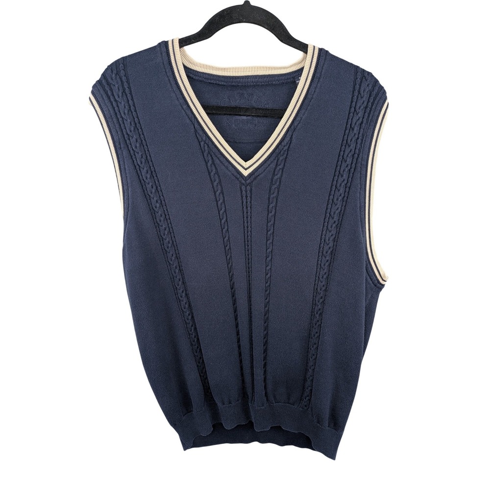 Cutter & Buck Men Sweater Vest XL Navy Blue Cotton Cable Knit V-Neck Golf Preppy